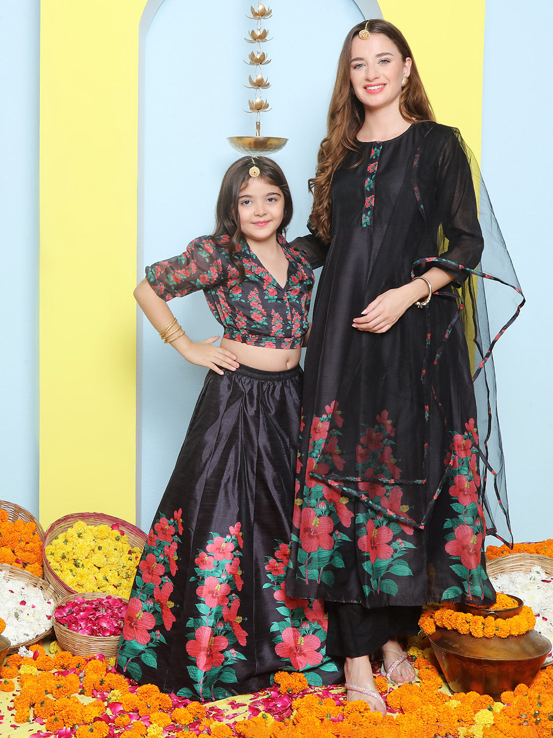 Black Anarakali Digital Printed Kurta with Dupatta For Women & Lehenga Crop Top Set For Girls.