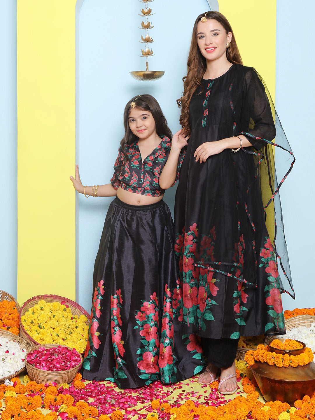 Black Anarakali Digital Printed Kurta with Dupatta For Women & Lehenga Crop Top Set For Girls.