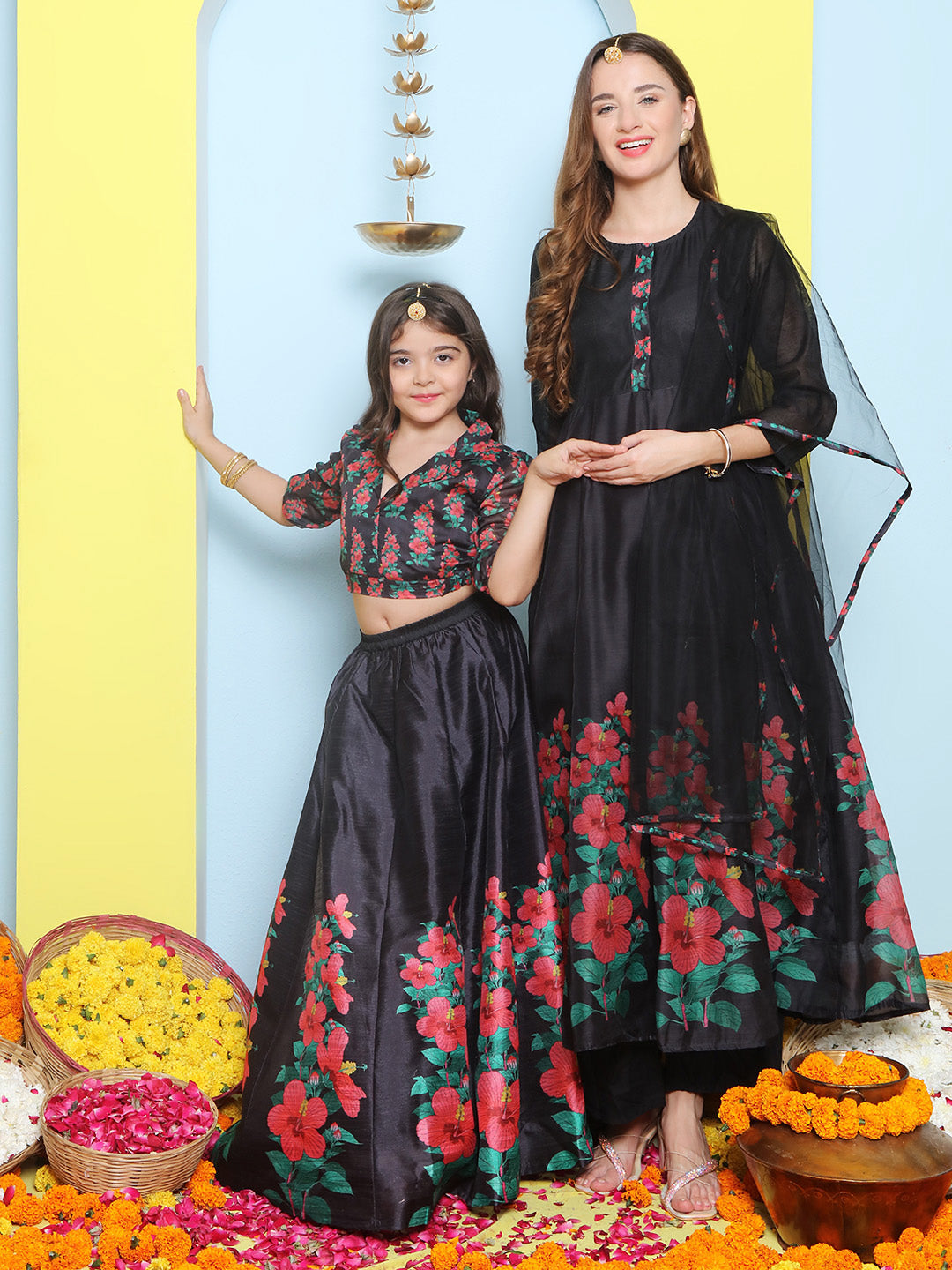 Black Anarakali Digital Printed Kurta with Dupatta For Women & Lehenga Crop Top Set For Girls.