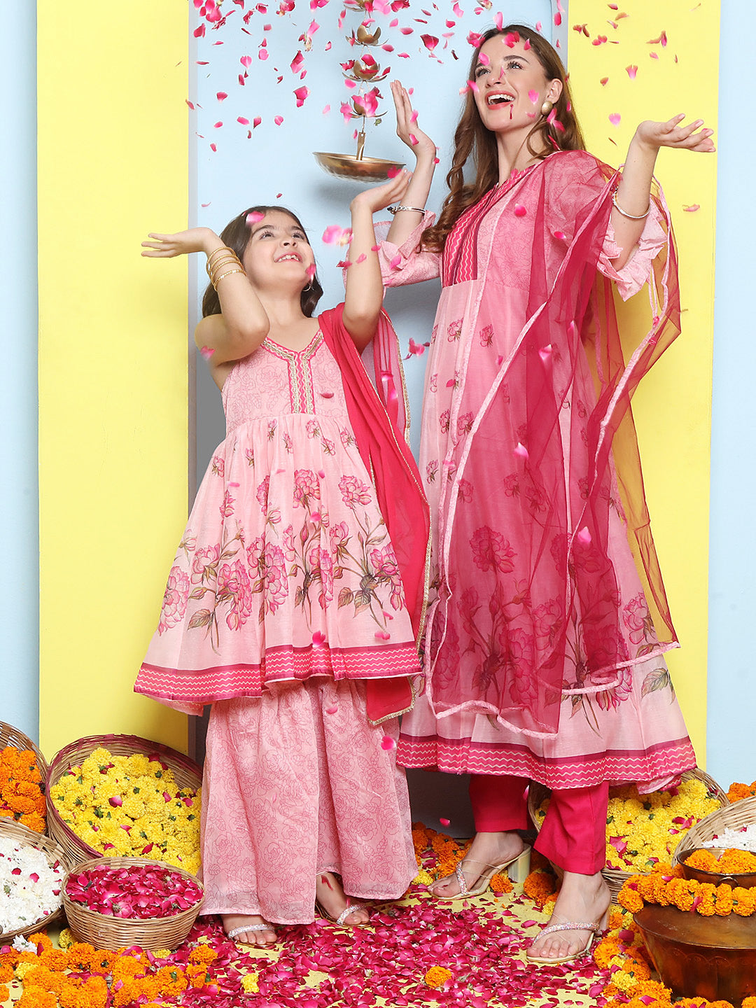 Pink Anarakali Digital Printed Kurta with Dupatta For Women & Kurta Sharara Set For Girls.