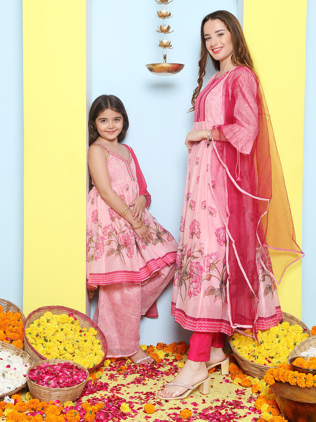 Pink Anarakali Digital Printed Kurta with Dupatta For Women & Kurta Sharara Set For Girls.