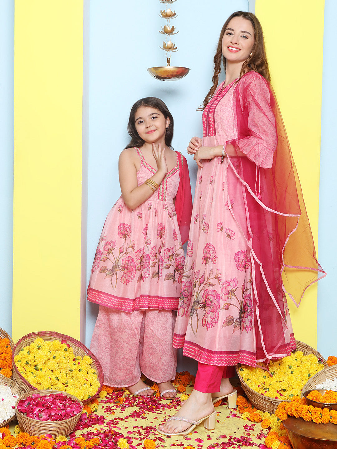 Pink Anarakali Digital Printed Kurta with Dupatta For Women & Kurta Sharara Set For Girls.