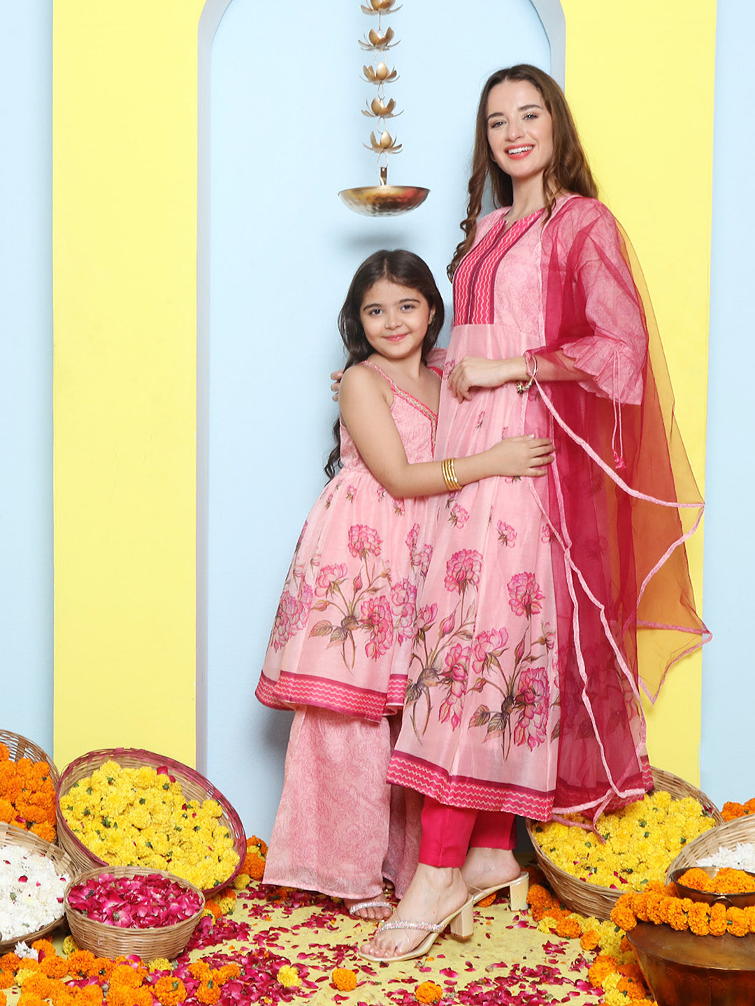 Pink Anarakali Digital Printed Kurta with Dupatta For Women & Kurta Sharara Set For Girls.