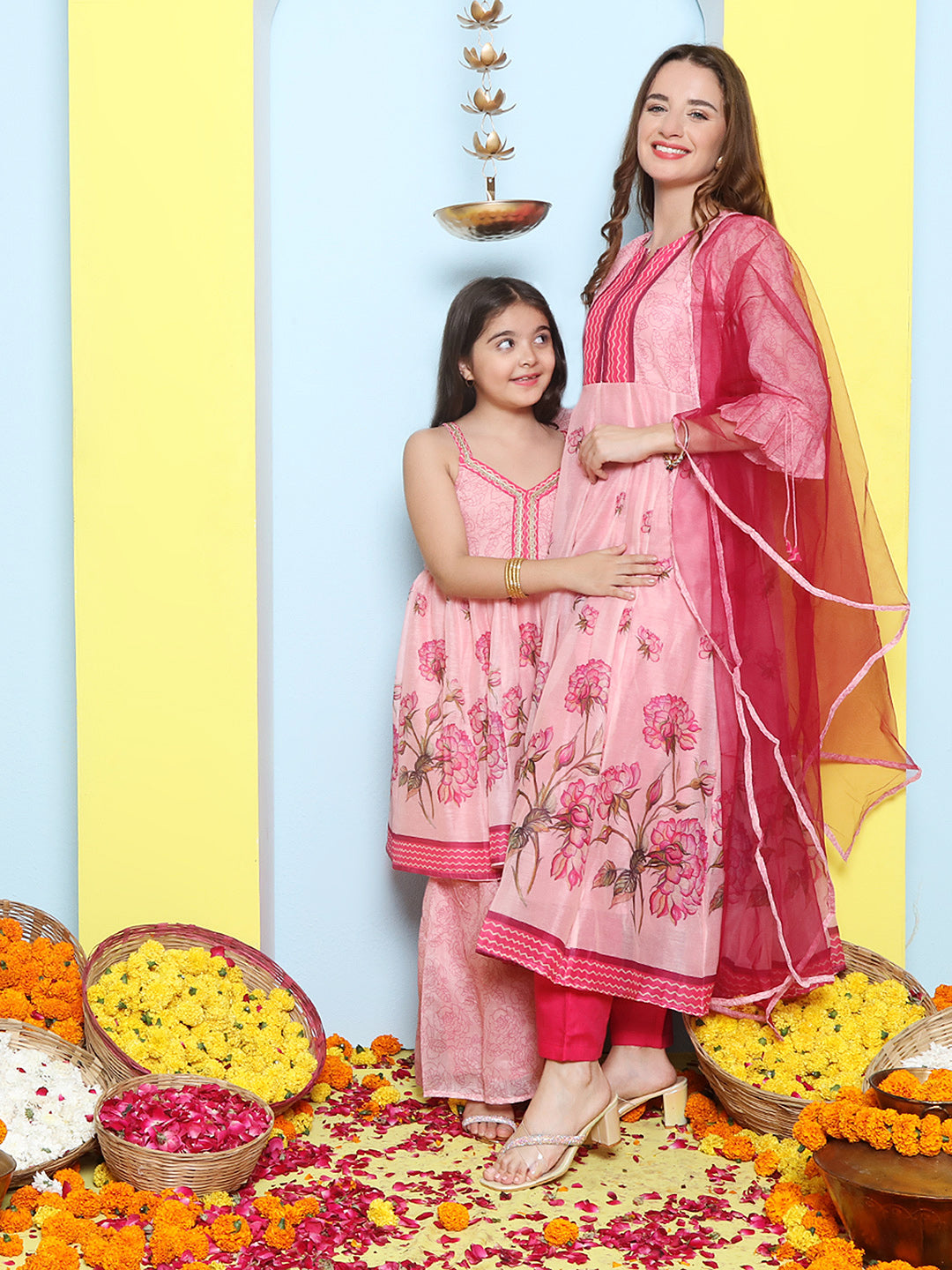 Pink Anarakali Digital Printed Kurta with Dupatta For Women & Kurta Sharara Set For Girls.