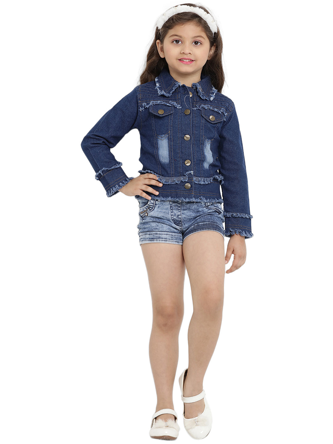 Bitiya By Bhama Girls Blue Embroidered Lightweight Denim Jacket