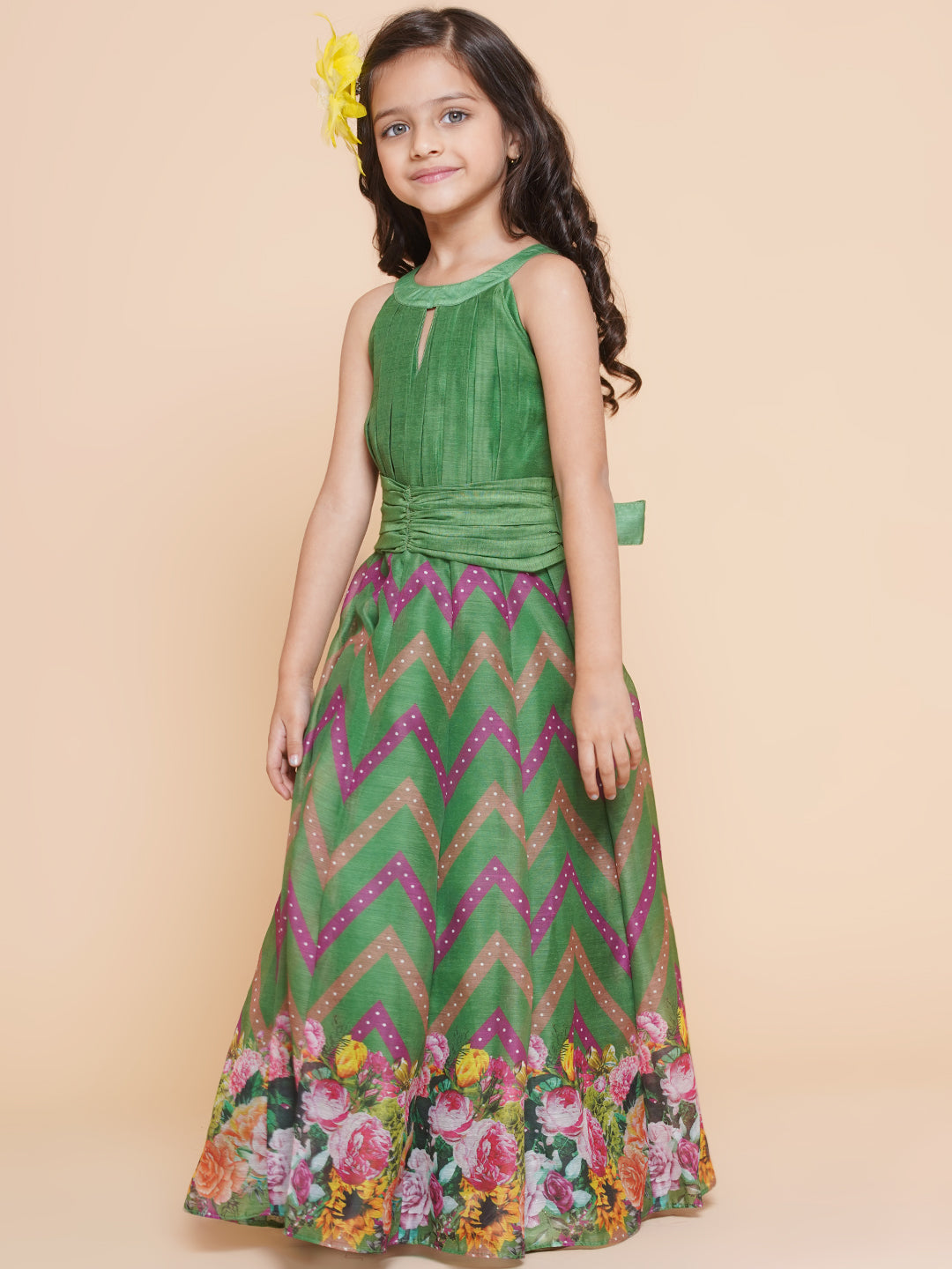 Bitiya By Bhama Girls Green Zig Zag Flower Digital Printed Fit & Flared Maxi Dress.