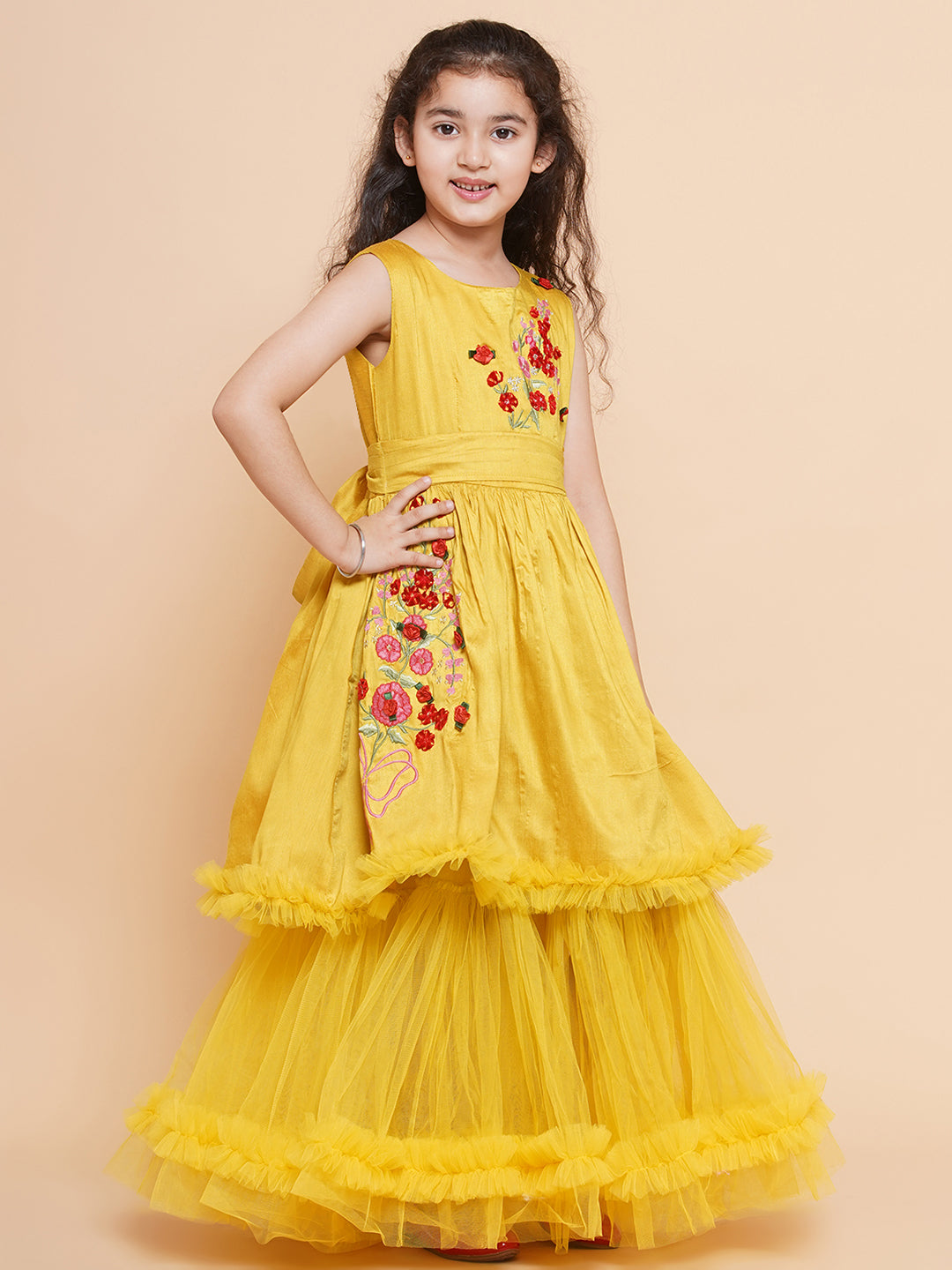 Bitiya by Bhama Girls Peach Floral Printed Shrug & Blouse With Ready to Wear Lehenga.
