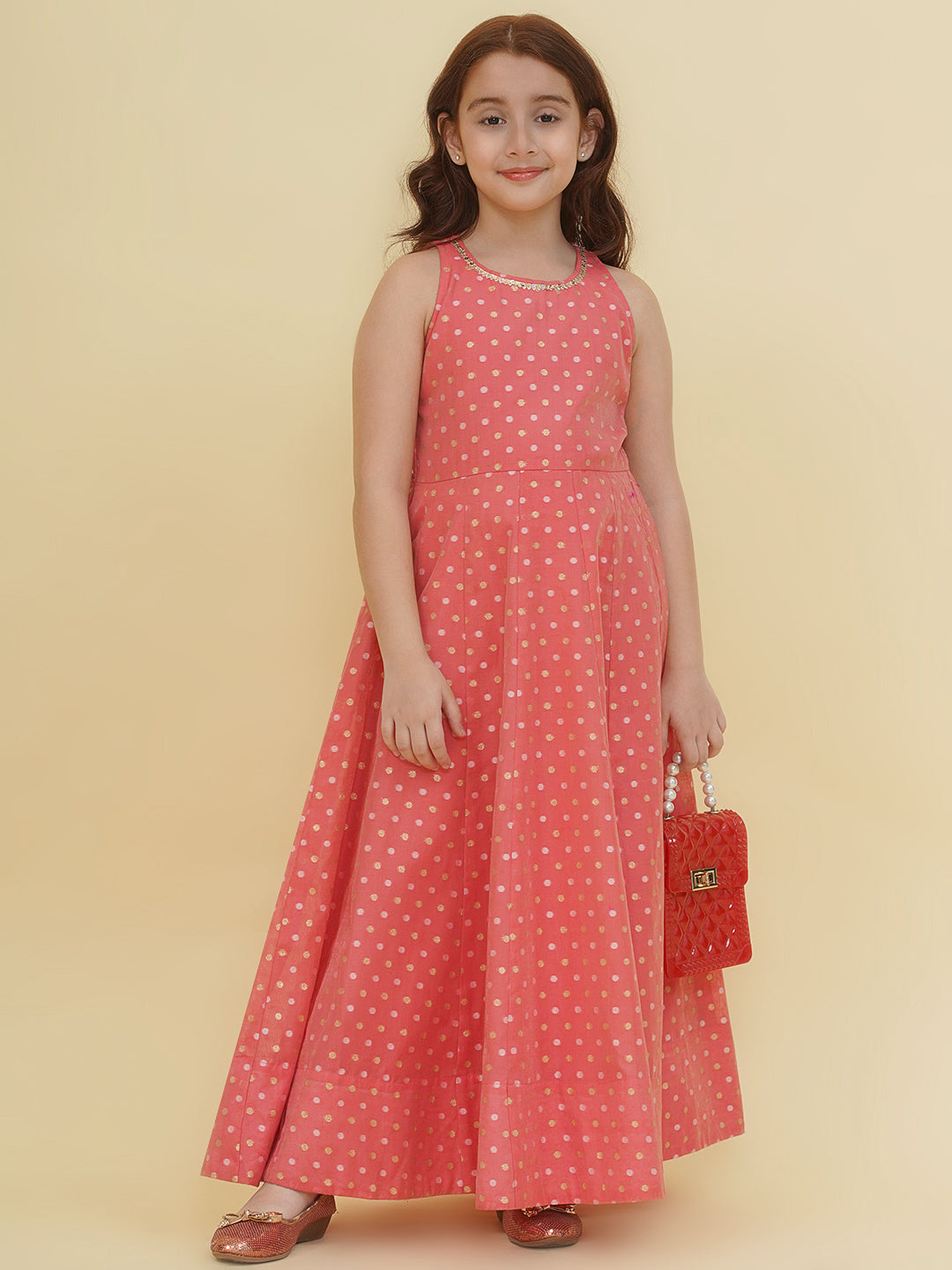 Bitiya by Bhama Girls Peach Woven Design Maxi Dress.