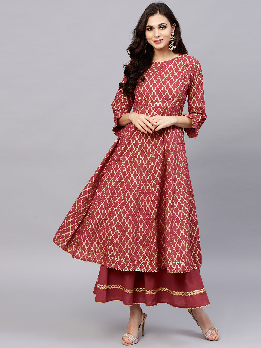 Maroon printed kurta with palazzos