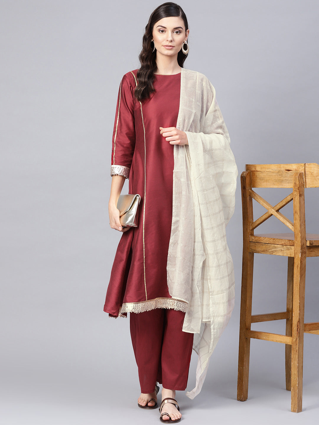 Maroon Gotta Patti Detail Silk Kurta with Palazzos & Dupatta