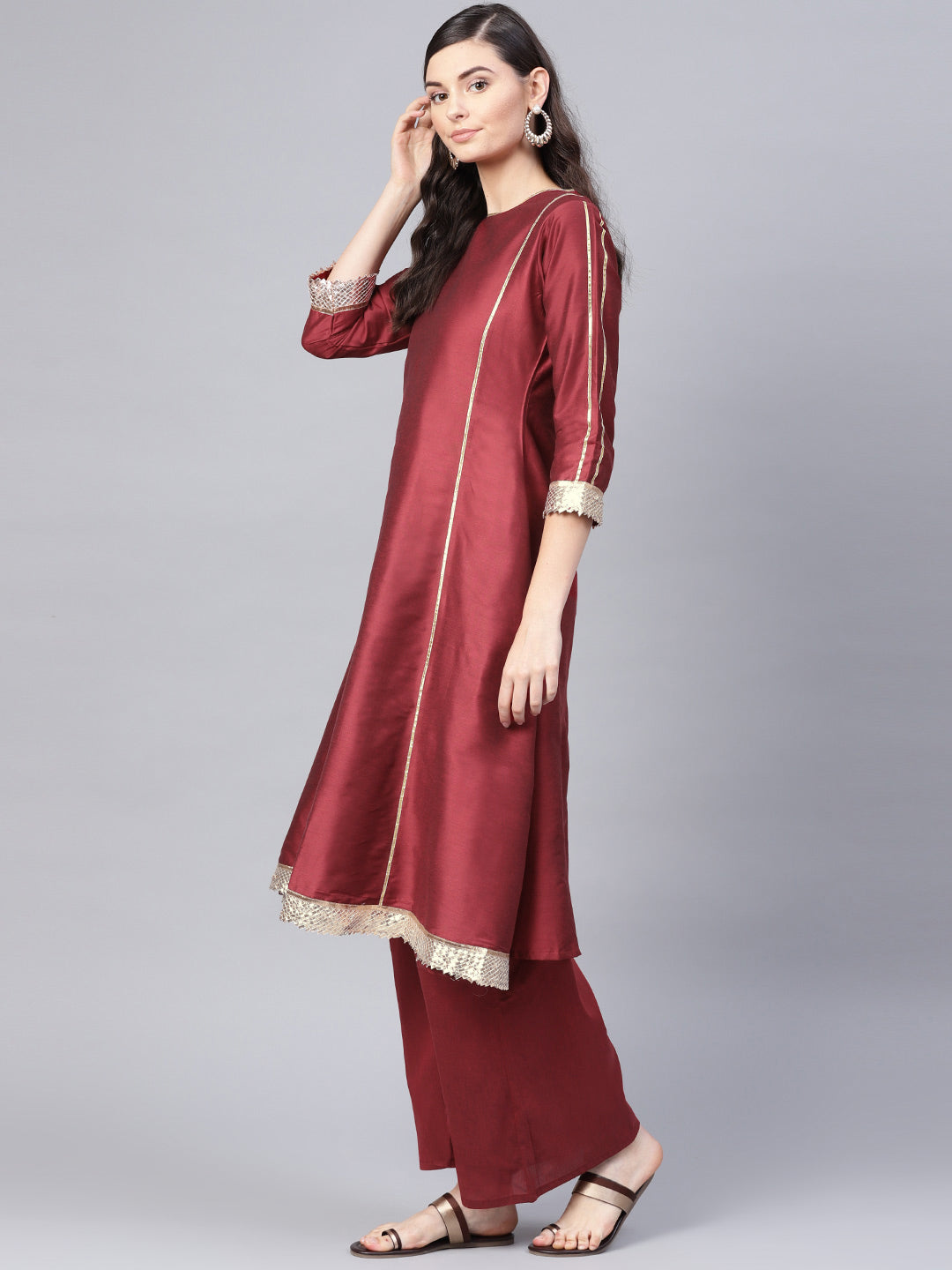 Maroon Gotta Patti Detail Silk Kurta with Palazzos & Dupatta