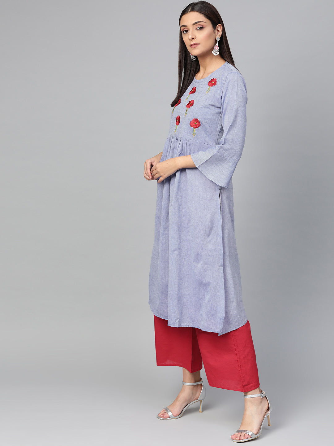 Blue and red yoke design chambray kurta with palazzos
