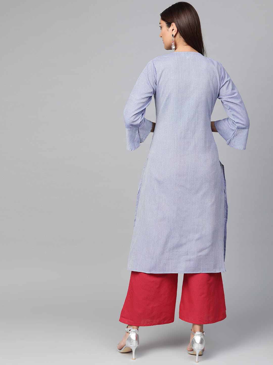 Blue and red yoke design chambray kurta with palazzos