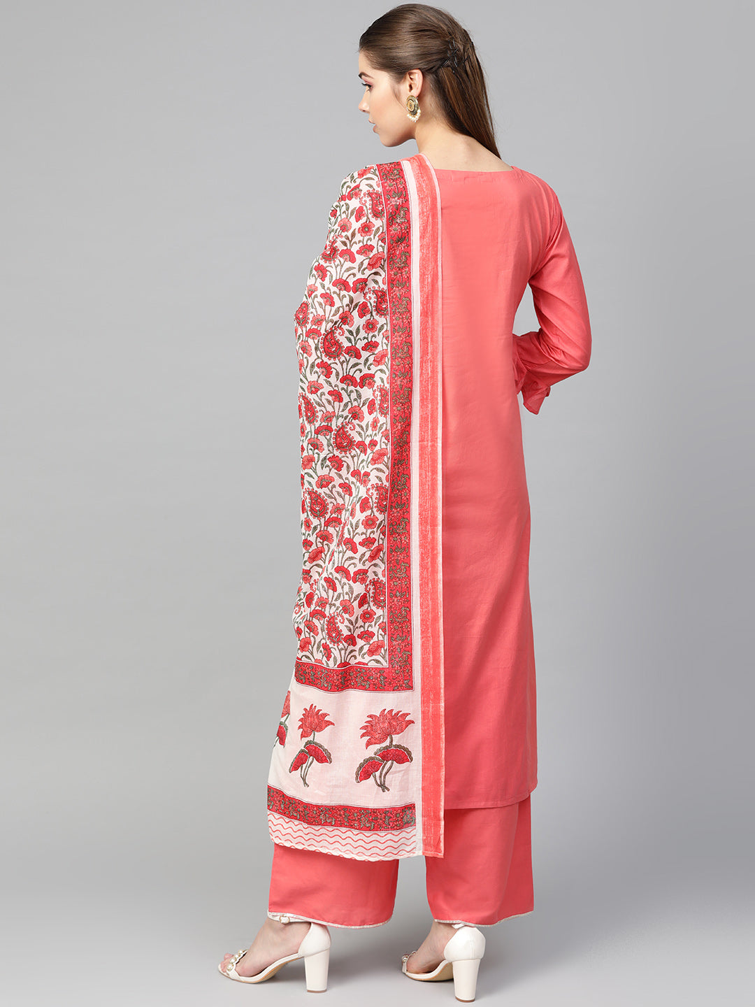 Peach solid kurta with palazzos and dupatta