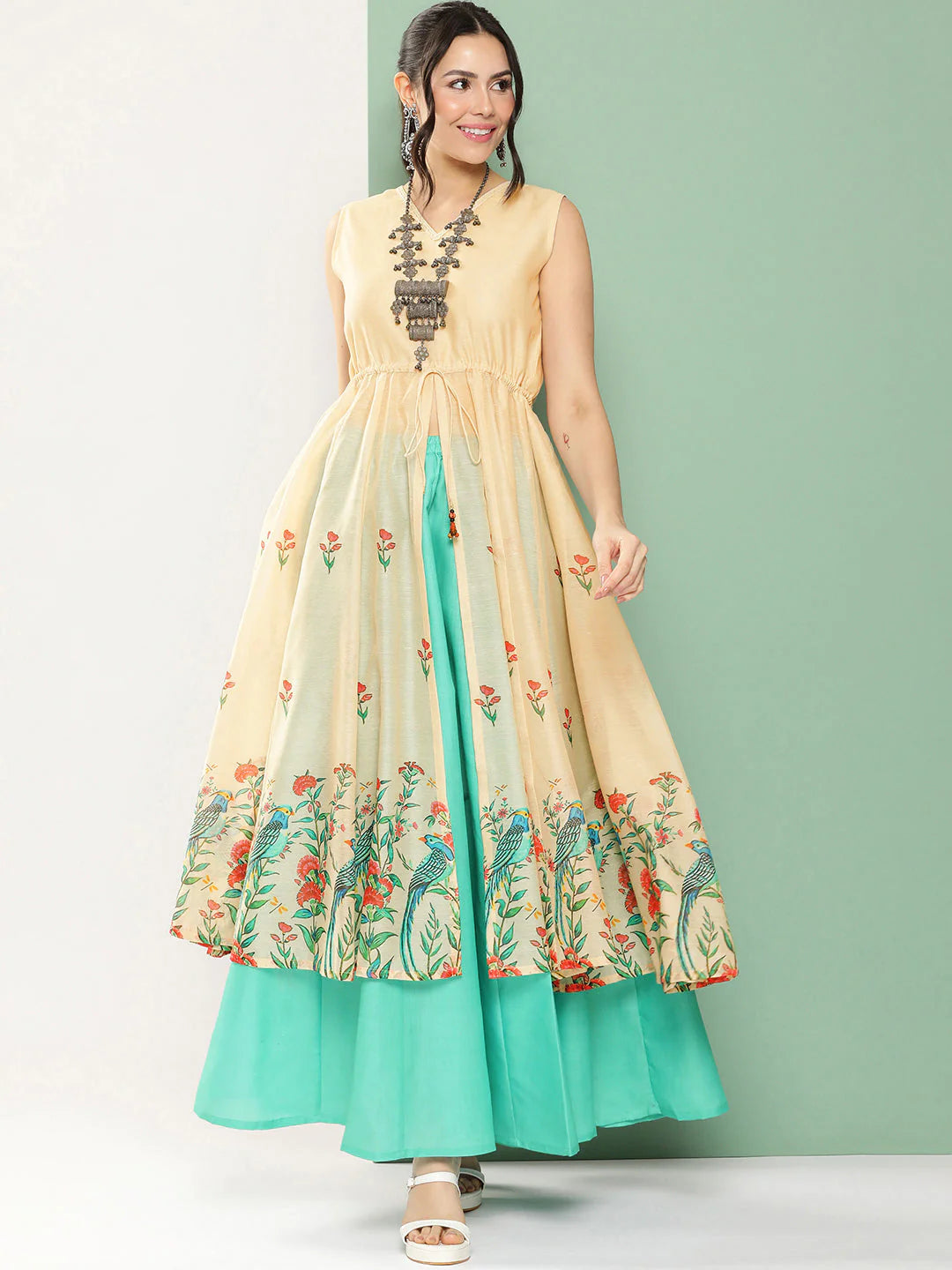 Cream Anarakali Digital Printed Kurta with Skirt Set For Women & Lehenga Crop Top Set For Girls.
