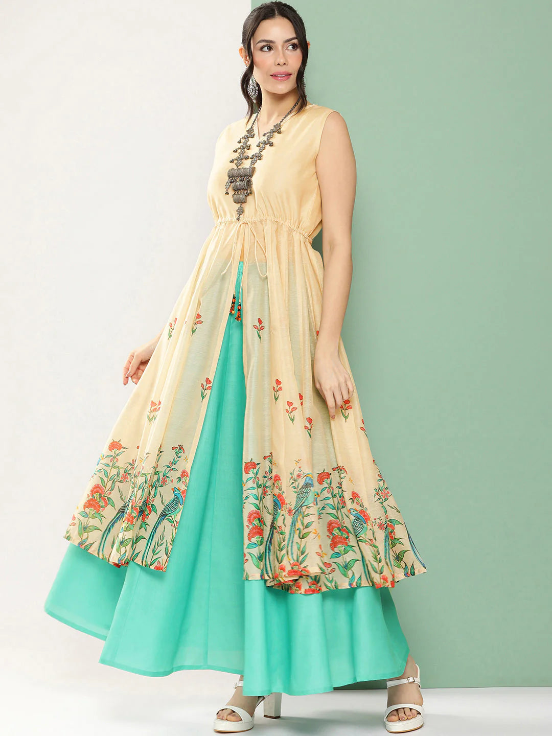 Cream Anarakali Digital Printed Kurta with Skirt Set For Women & Lehenga Crop Top Set For Girls.