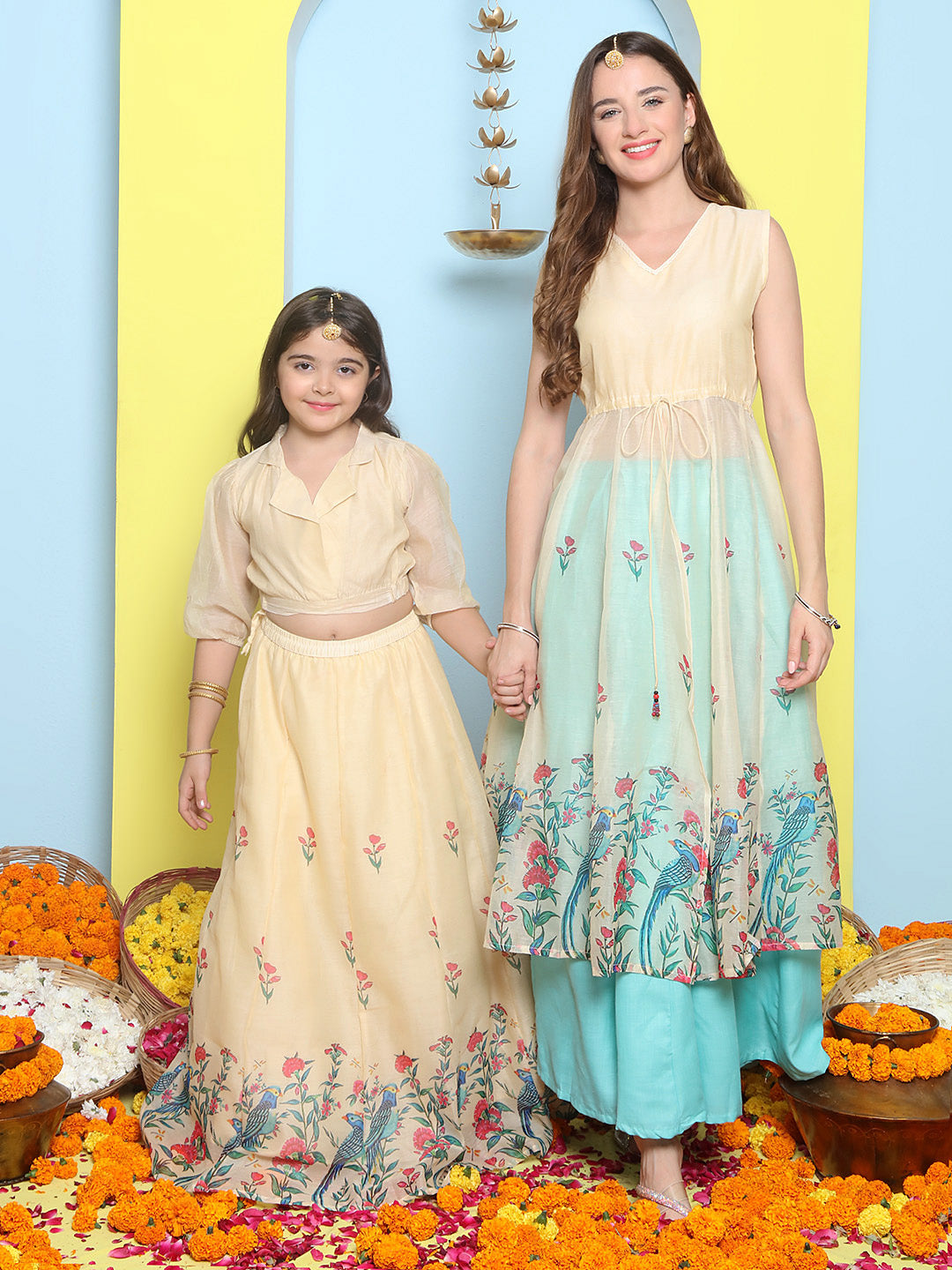Cream Anarakali Digital Printed Kurta with Skirt Set For Women & Lehenga Crop Top Set For Girls.