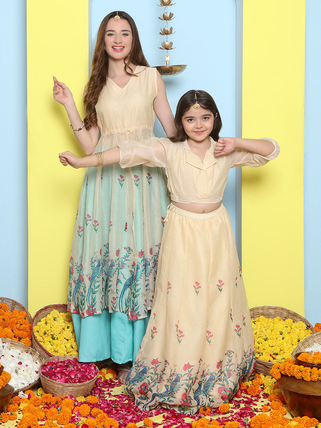 Cream Anarakali Digital Printed Kurta with Skirt Set For Women & Lehenga Crop Top Set For Girls.