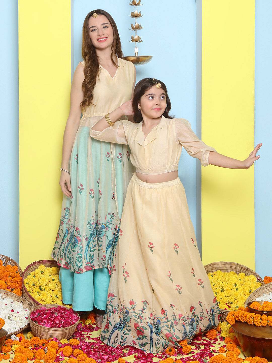 Cream Anarakali Digital Printed Kurta with Skirt Set For Women & Lehenga Crop Top Set For Girls.