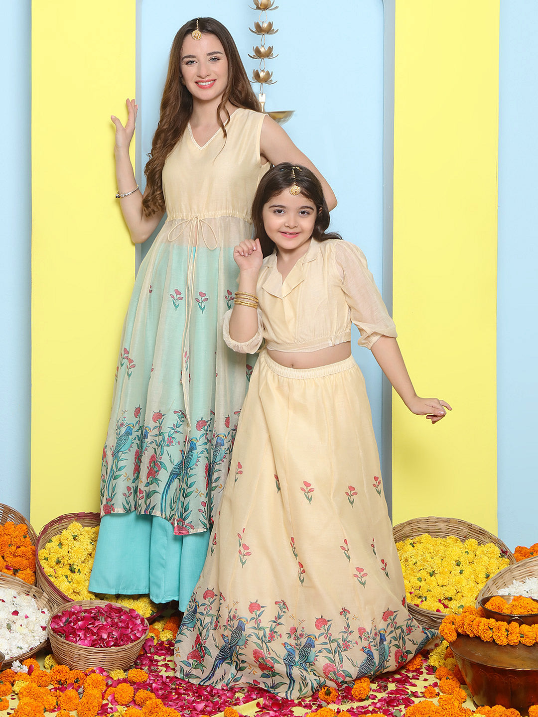 Cream Anarakali Digital Printed Kurta with Skirt Set For Women & Lehenga Crop Top Set For Girls.