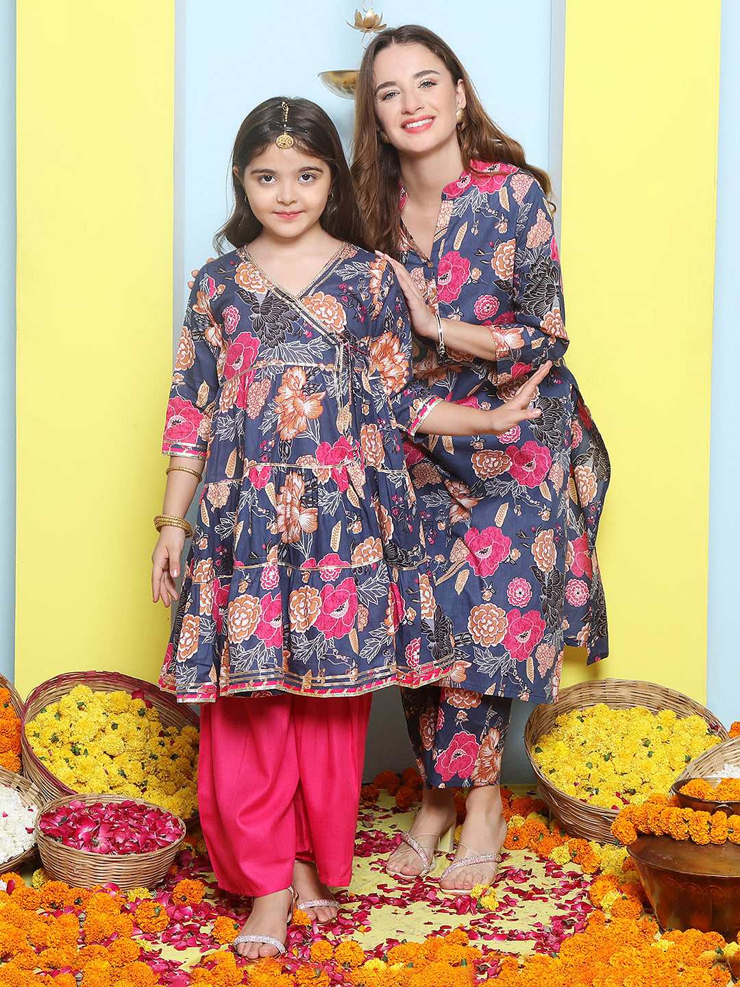 Blue Floral Cotton Printed A line Kurta Set For Women & Angrakha Kurta Sharara Set For Girls.