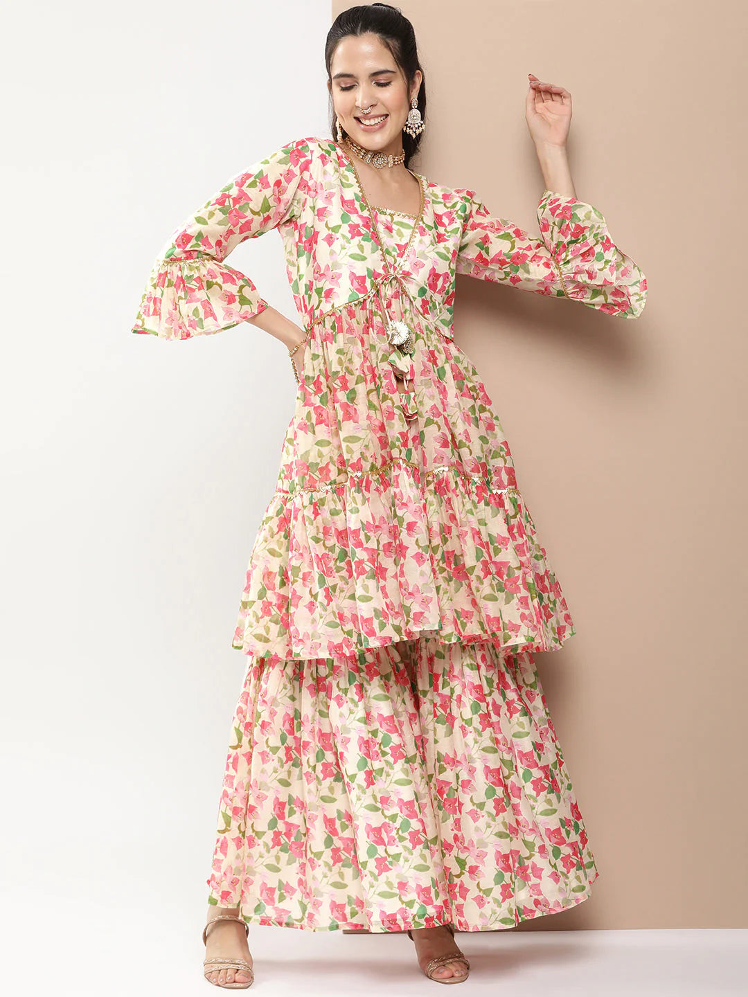 Off White Multi Printed Sharara Kurta Set For Women & Sharara Kurta Set For Girls.