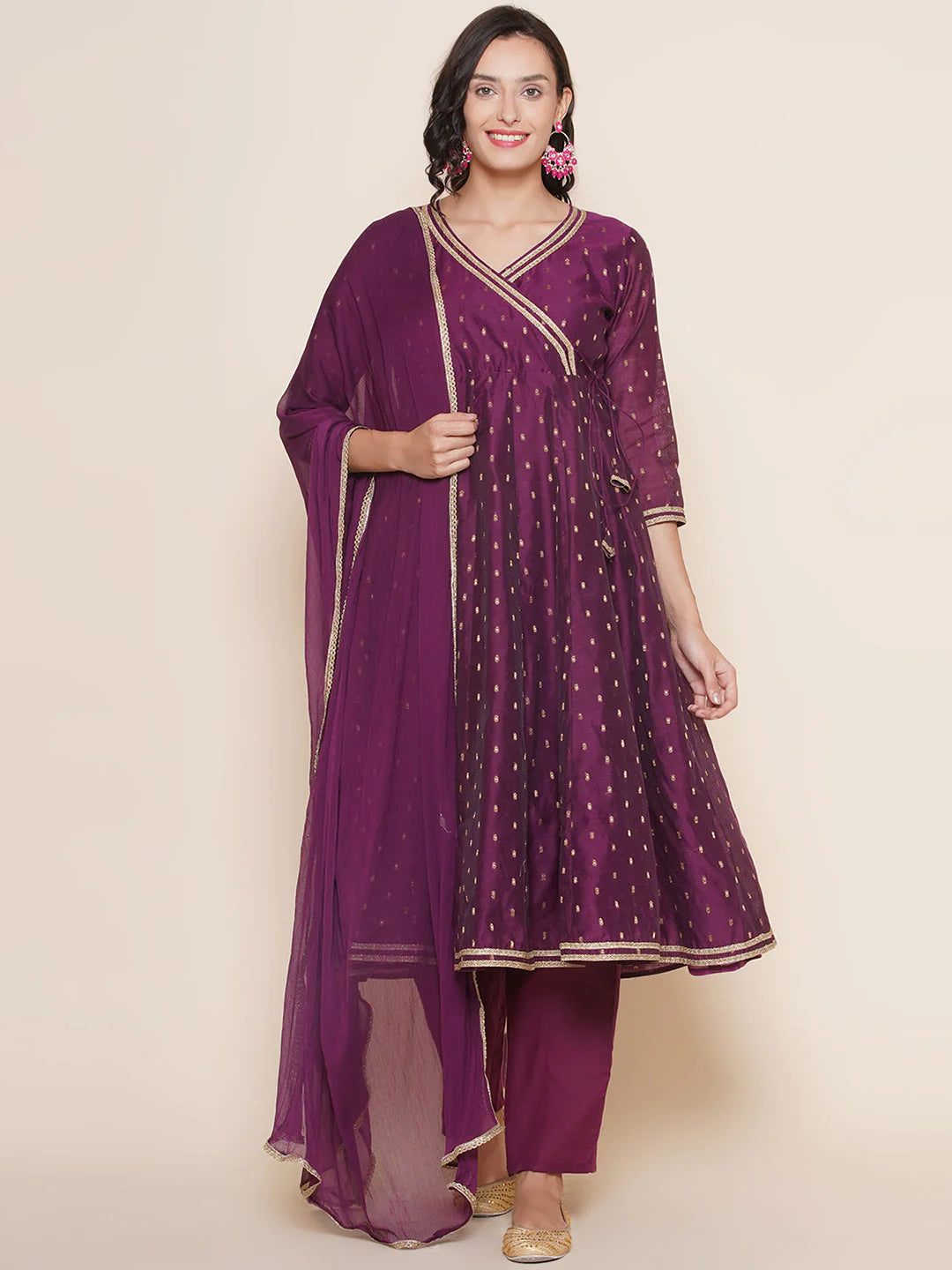 Purple Modal Jacquard Booti Anarkali Angrakha Kurta Set For Women & Anarkali Anagrakha Kurta Set for Girl