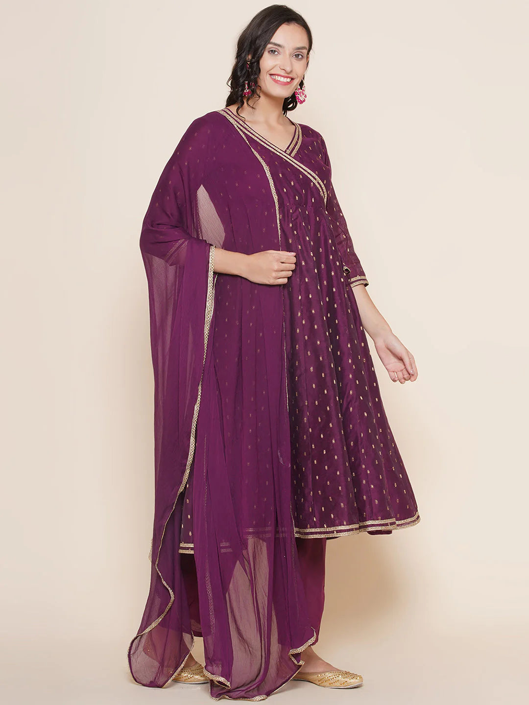 Purple Modal Jacquard Booti Anarkali Angrakha Kurta Set For Women & Anarkali Anagrakha Kurta Set for Girl