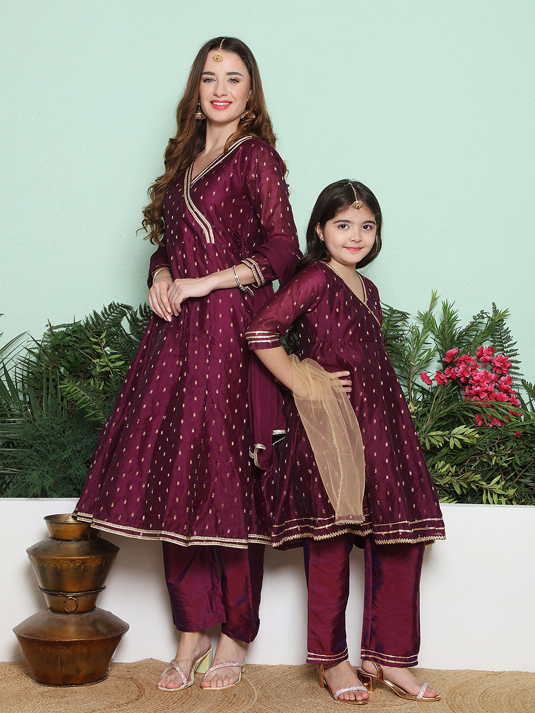 Purple Modal Jacquard Booti Anarkali Angrakha Kurta Set For Women & Anarkali Anagrakha Kurta Set for Girl