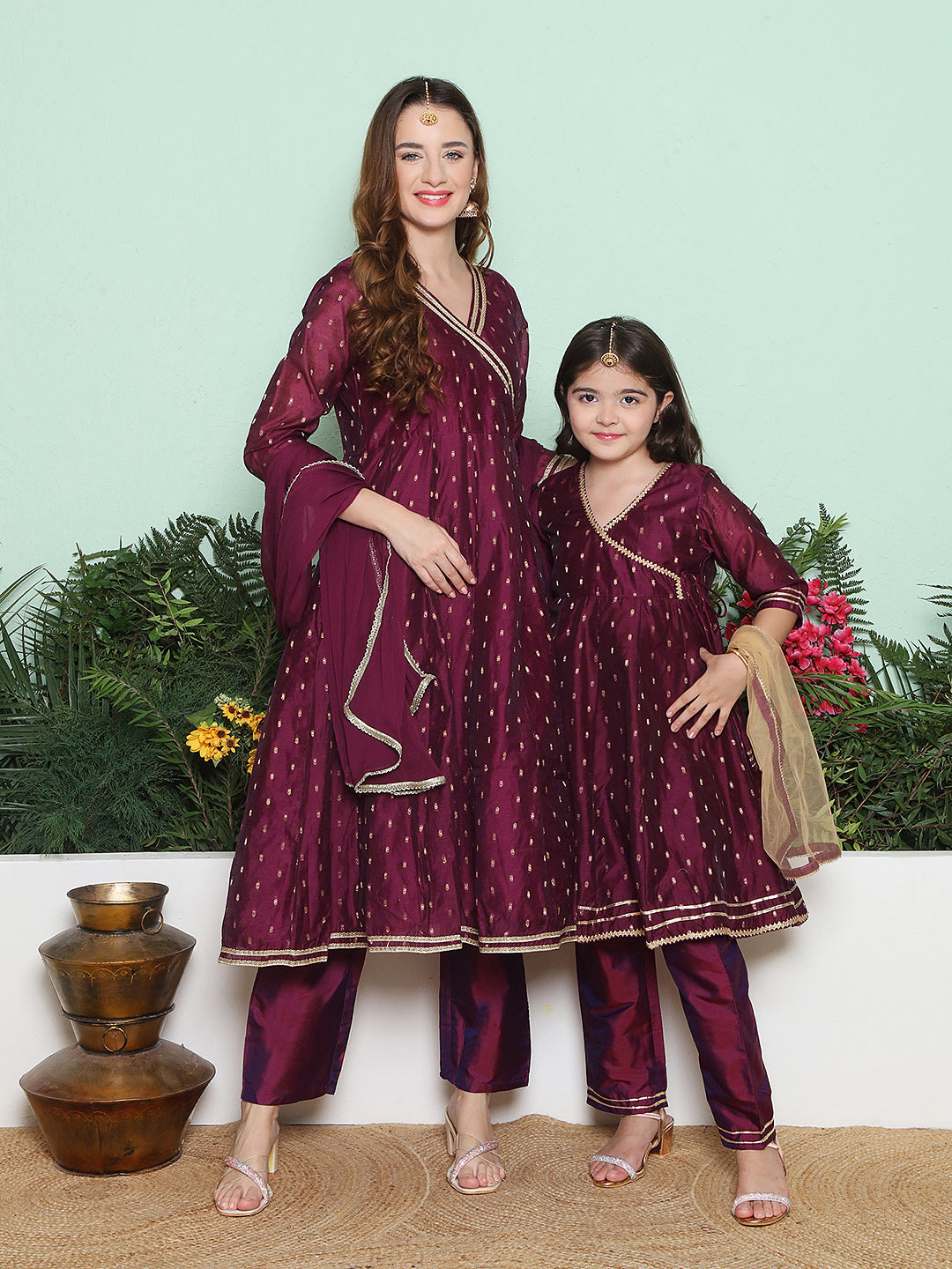Purple Modal Jacquard Booti Anarkali Angrakha Kurta Set For Women & Anarkali Anagrakha Kurta Set for Girl