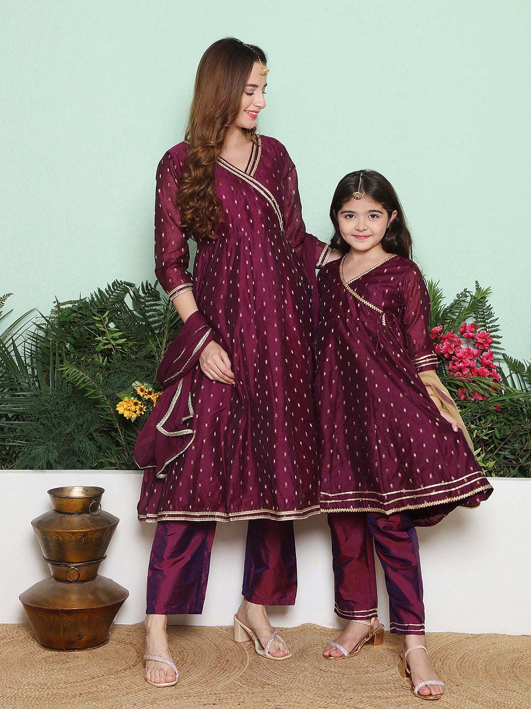 Purple Modal Jacquard Booti Anarkali Angrakha Kurta Set For Women & Anarkali Anagrakha Kurta Set for Girl
