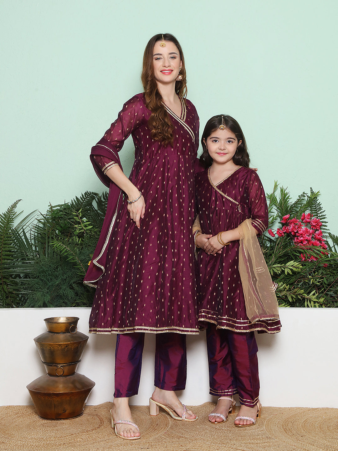 Purple Modal Jacquard Booti Anarkali Angrakha Kurta Set For Women & Anarkali Anagrakha Kurta Set for Girl
