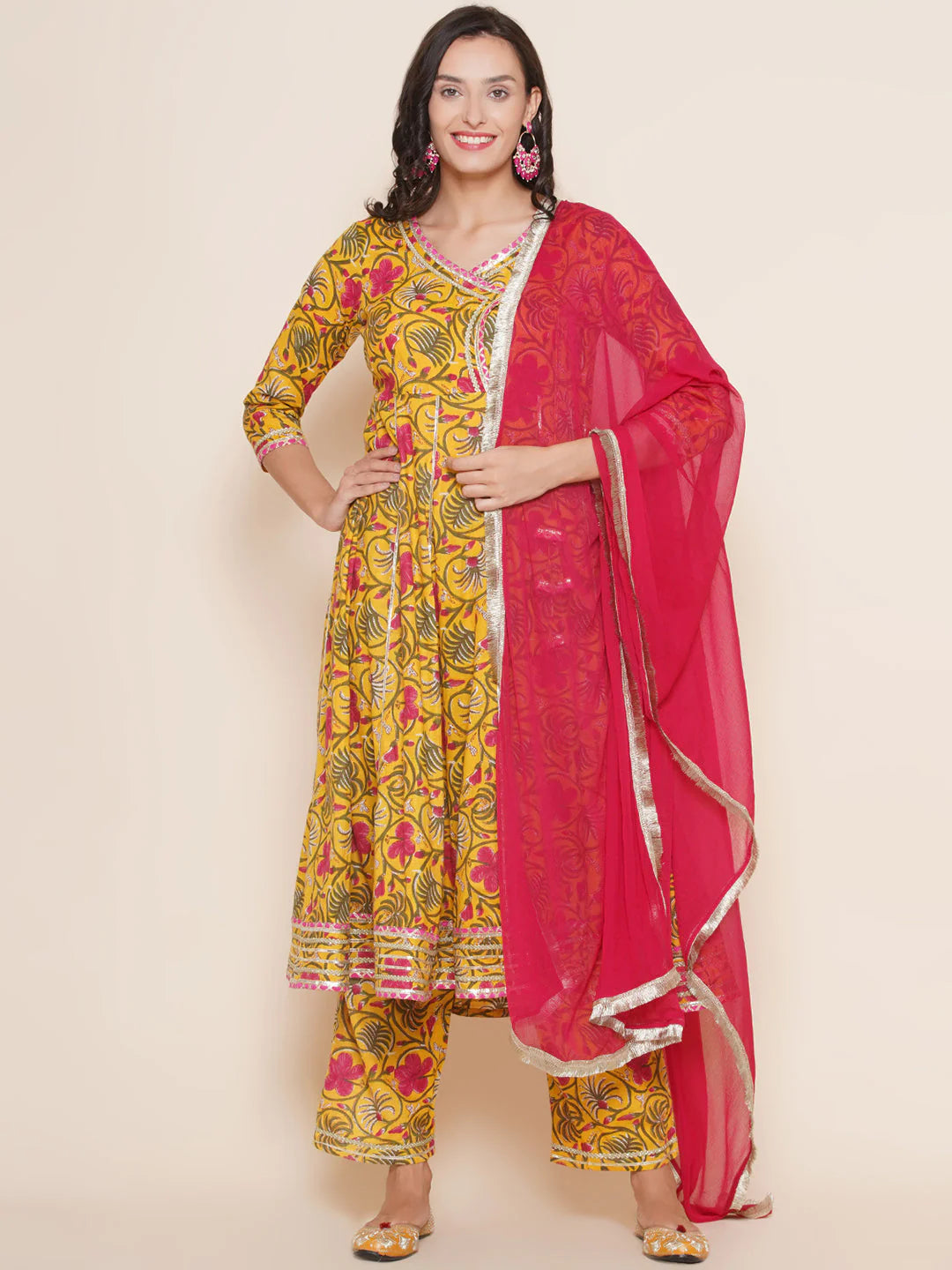 Yellow Pink Cotton Printed Anarkali Angrakha Kurta set For Women & Flared Sharara Kurta Set For Girl.