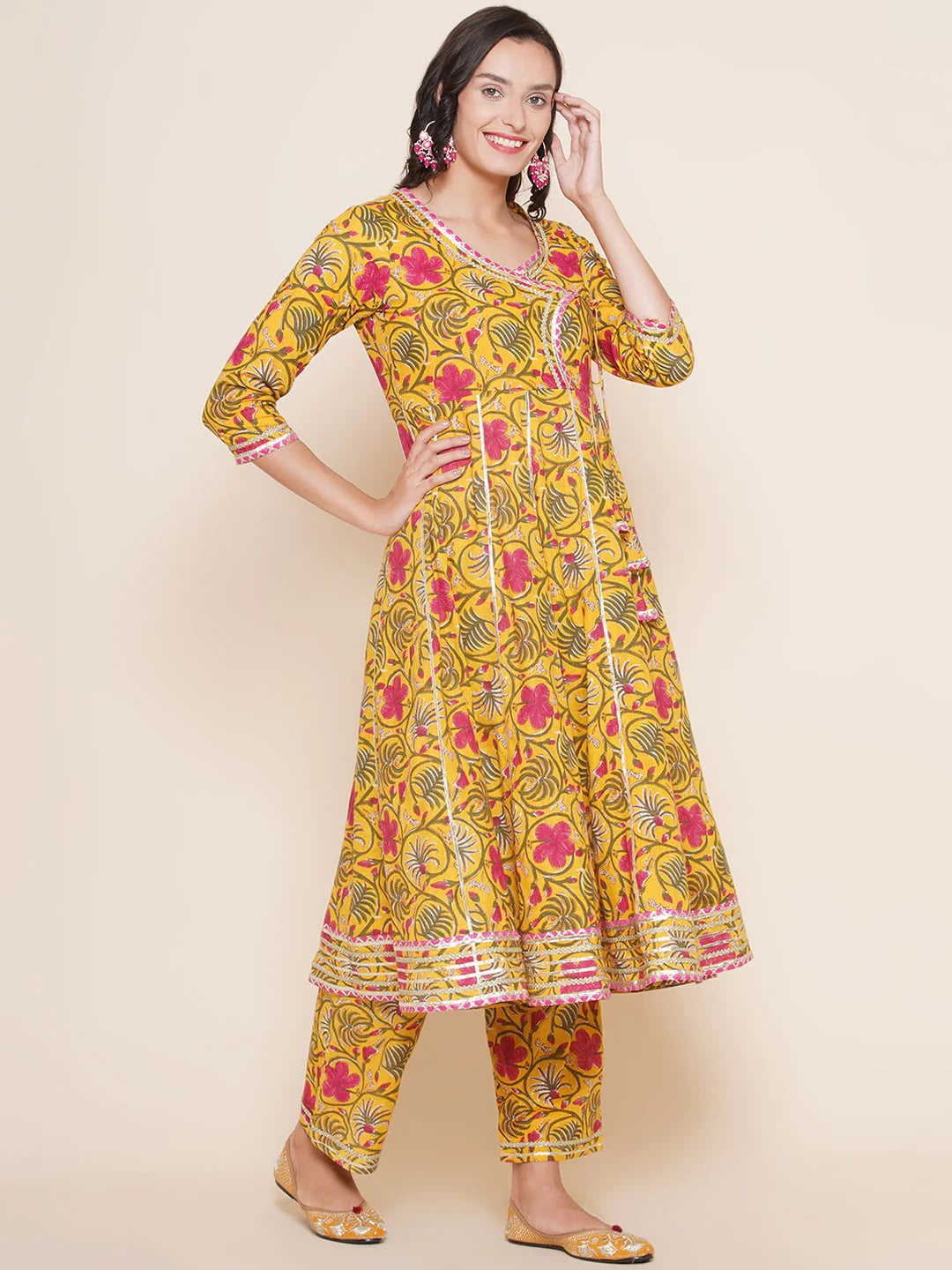 Yellow Pink Cotton Printed Anarkali Angrakha Kurta set For Women & Flared Sharara Kurta Set For Girl.