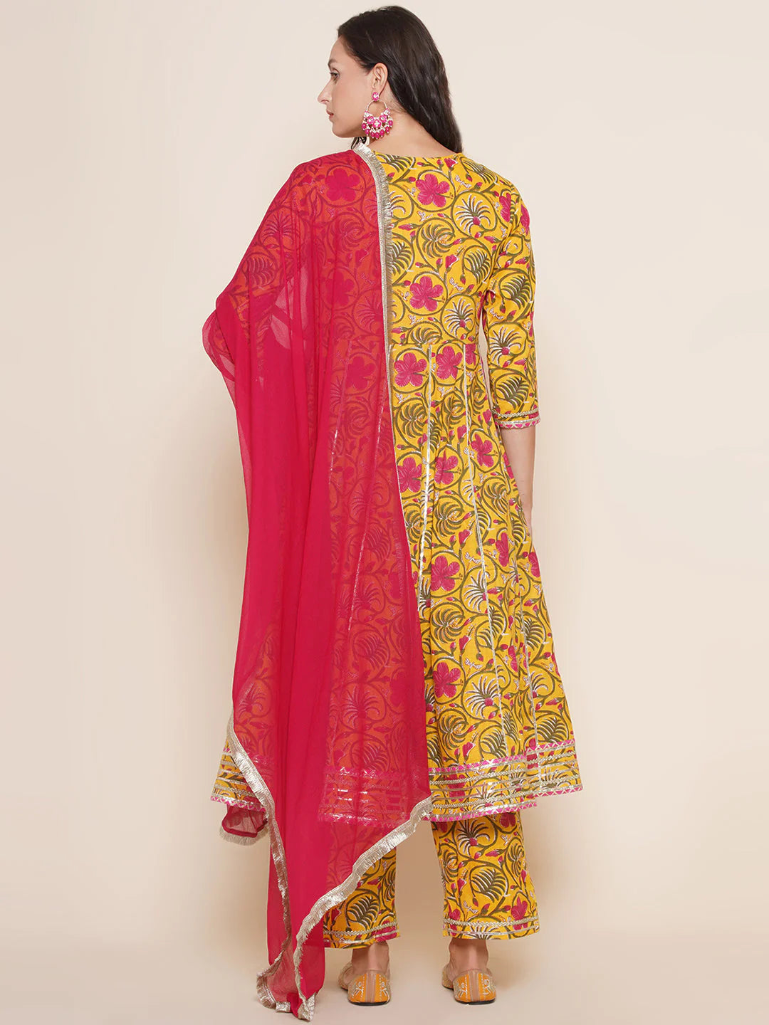 Yellow Pink Cotton Printed Anarkali Angrakha Kurta set For Women & Flared Sharara Kurta Set For Girl.