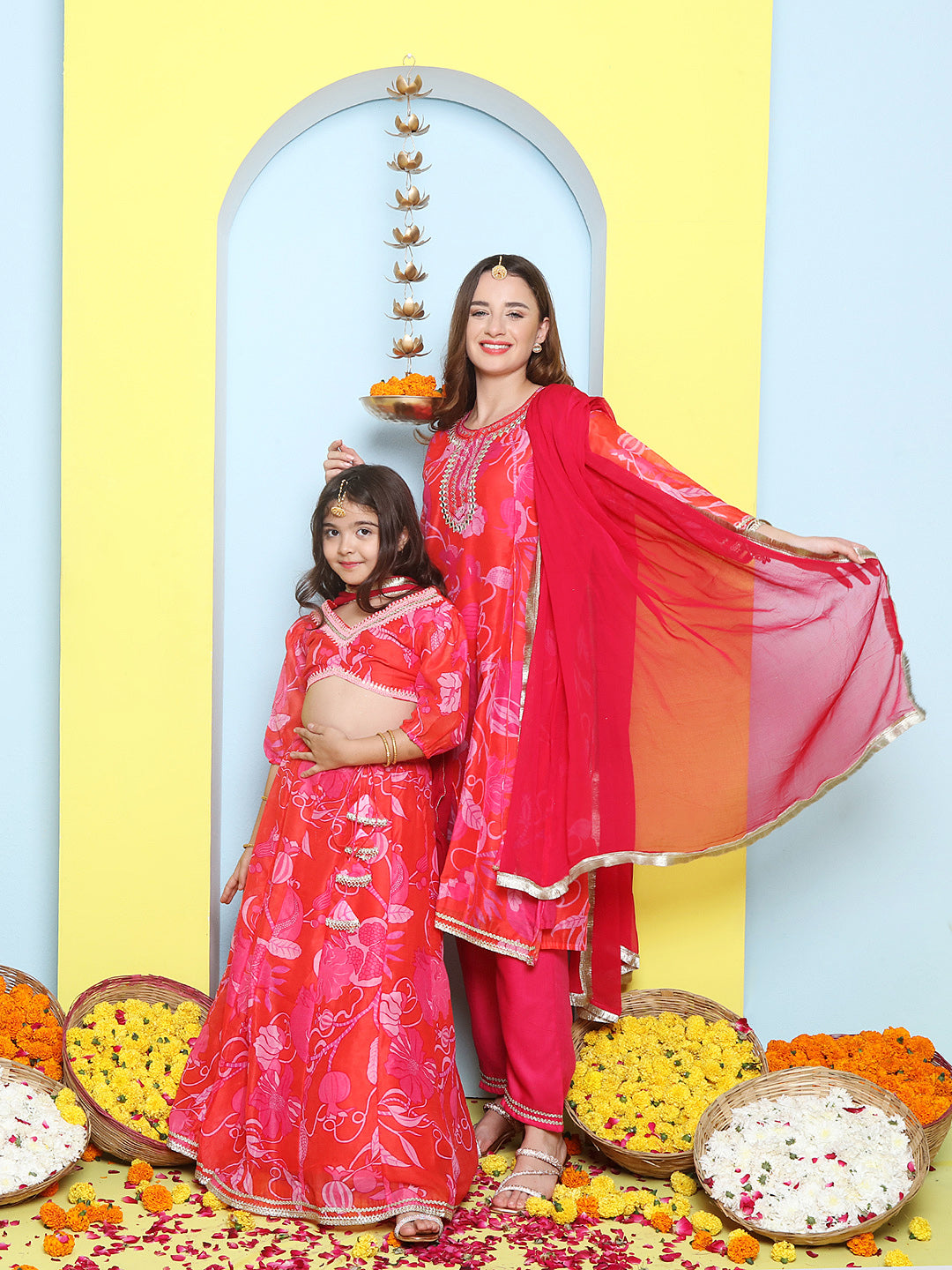 Pink Multi Printed A-Line Kurta Set For Women & Lehenga Choli Set For Girls