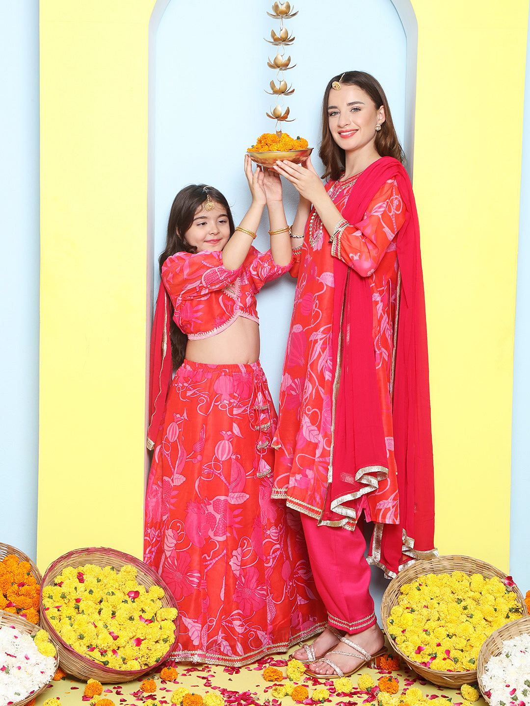 Pink Multi Printed A-Line Kurta Set For Women & Lehenga Choli Set For Girls