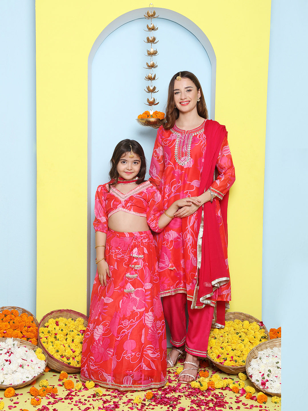 Pink Multi Printed A-Line Kurta Set For Women & Lehenga Choli Set For Girls