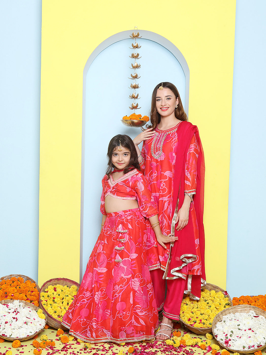 Pink Multi Printed A-Line Kurta Set For Women & Lehenga Choli Set For Girls