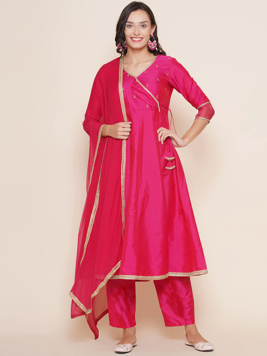 Pink Embroidered Angrakha Kurta Set For Women & Angrakha Kurta Set for Girl