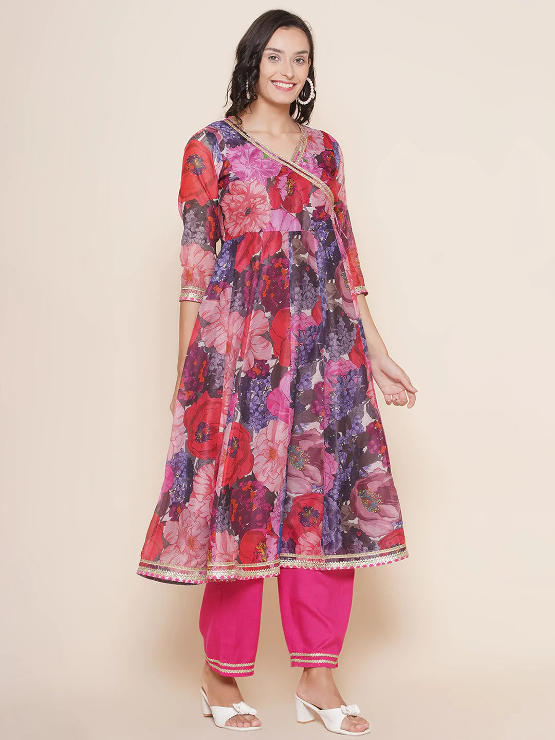 Purple Multi color Printed Angrakha Anarkali Kurta set For Women & Lehenga Choli set For Girl.