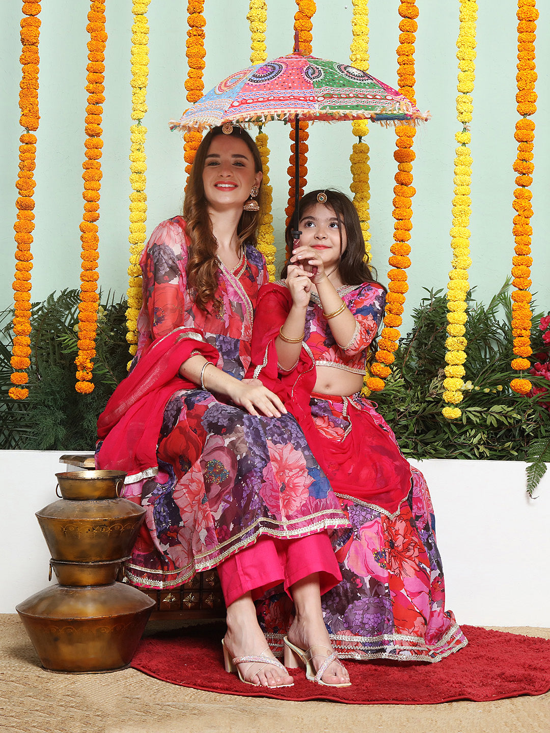 Purple Multi color Printed Angrakha Anarkali Kurta set For Women & Lehenga Choli set For Girl.