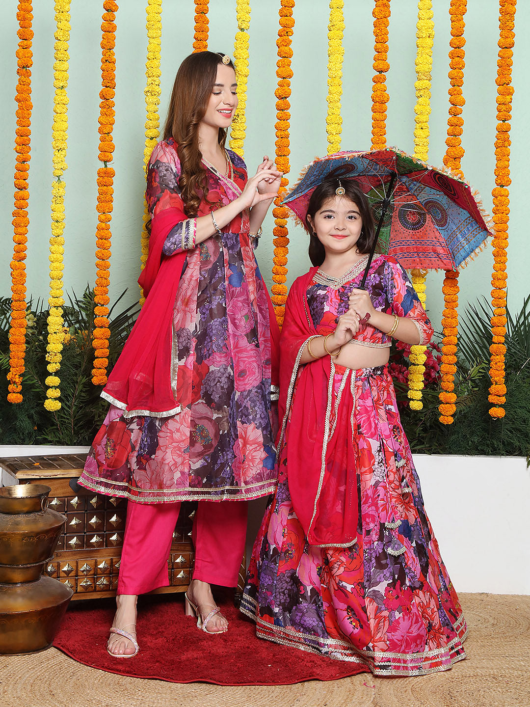 Purple Multi color Printed Angrakha Anarkali Kurta set For Women & Lehenga Choli set For Girl.