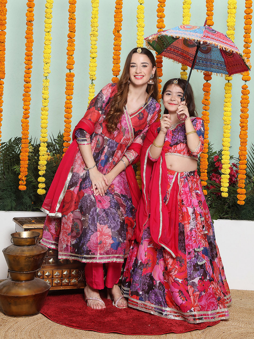 Purple Multi color Printed Angrakha Anarkali Kurta set For Women & Lehenga Choli set For Girl.