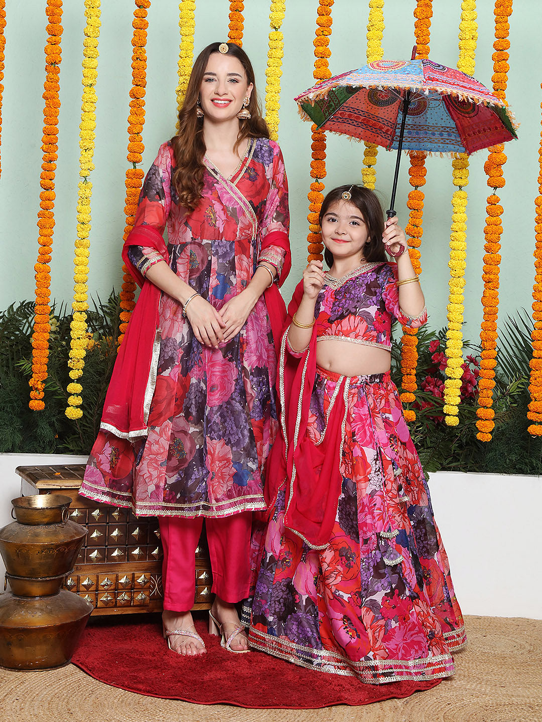 Purple Multi color Printed Angrakha Anarkali Kurta set For Women & Lehenga Choli set For Girl.