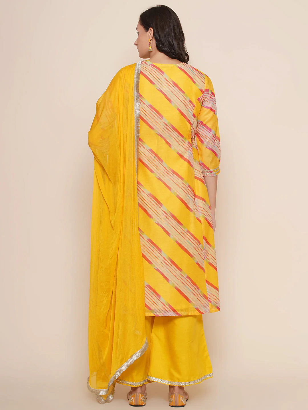Yellow Leheriya Embroidered A-Line Kurta Set For Women & Lehenga Choli Set For Girl.