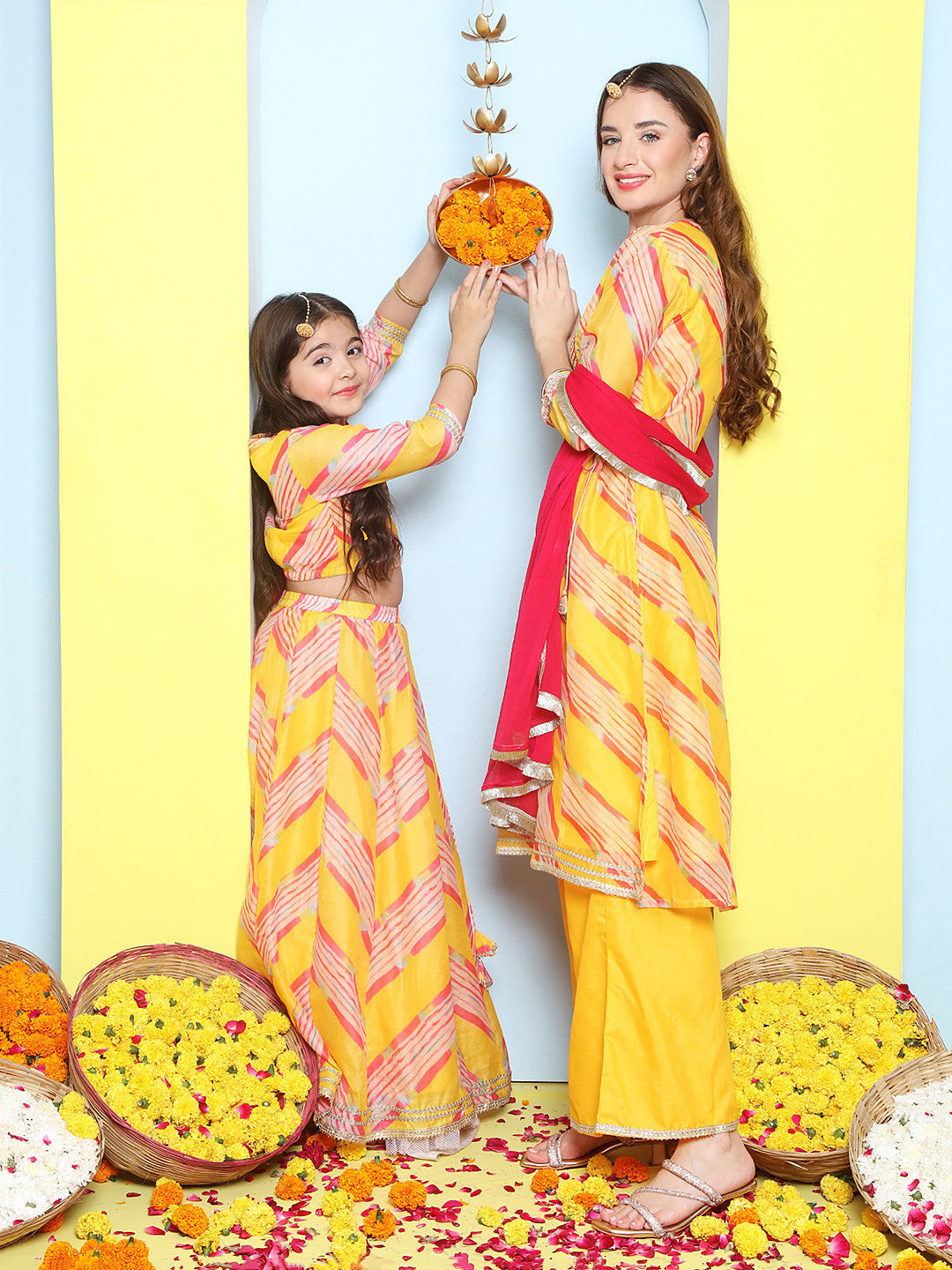 Yellow Leheriya Embroidered A-Line Kurta Set For Women & Lehenga Choli Set For Girl.