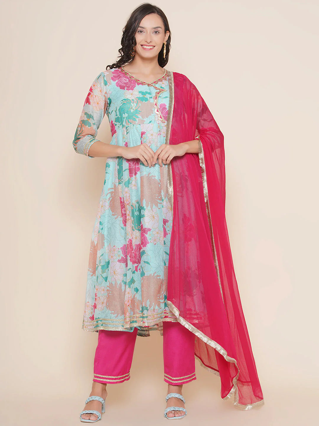 Sea Blue Multi Color Printed Anarkali Kurta Set For Women & Lehenga Choli Set For Girl.