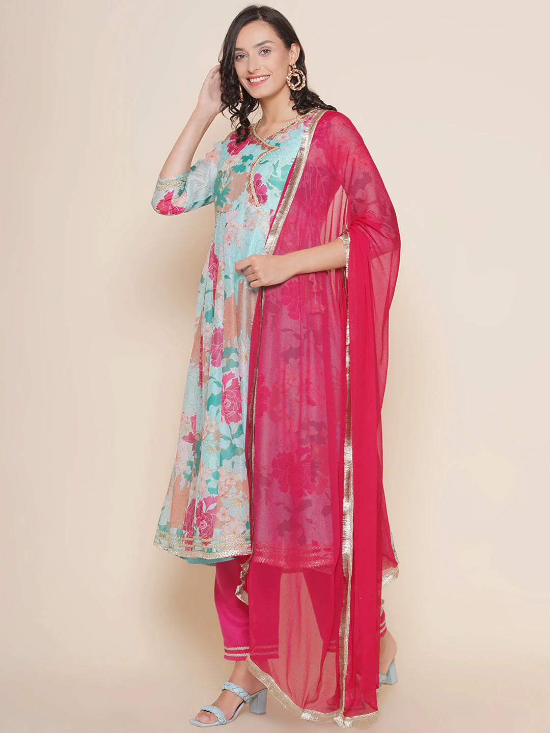 Sea Blue Multi Color Printed Anarkali Kurta Set For Women & Lehenga Choli Set For Girl.
