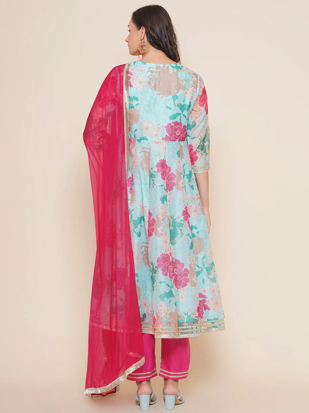Sea Blue Multi Color Printed Anarkali Kurta Set For Women & Lehenga Choli Set For Girl.